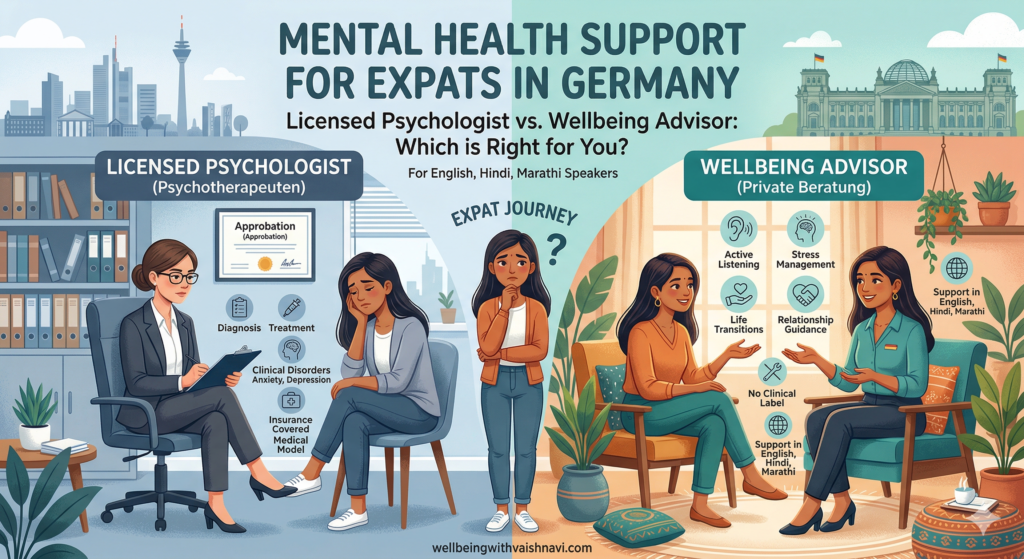 A split illustration showing an expat in Germany deciding between a licensed clinical psychologist and a private wellbeing advisor for mental health support.